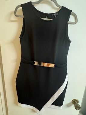 Fifth & Park Black White Colorblock Belted Mini Dress